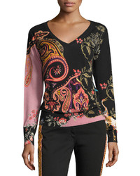 Etro Floral Paisley Silk Cashmere V Neck Sweater Black