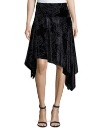 Fuzzi Paisley Velvet Asymmetric Handkerchief Hem Skirt Black