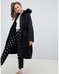 Monki Hooded Parka Coat With Faux S