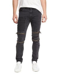 Just Cavalli Straight Leg Patchwork Moto Jeans With Zippers
