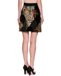 Dolce & Gabbana Leopard Floral Matelasse Patchwork Miniskirt Black