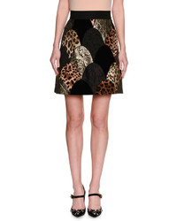 Dolce & Gabbana Leopard Floral Matelasse Patchwork Miniskirt Black