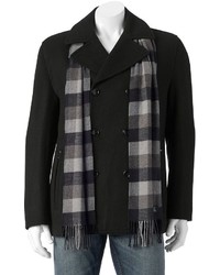 Big Tall Towne Wool Blend Double Breasted Peacoat With Plaid Scarf