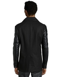 Elie Tahari Black Wool Blend And Faux Leather Sleeve Peacoat