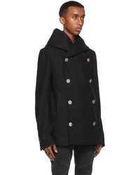 Balmain Black Wool Hooded Pea Coat