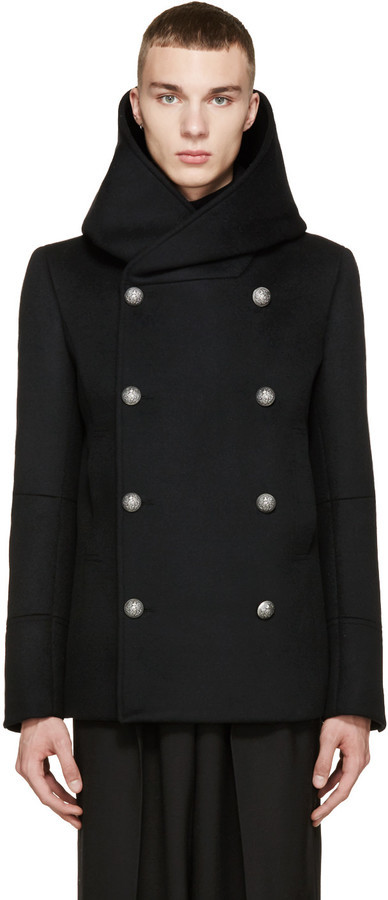 Mesterskab Bølle Etablering Balmain Black Wool Hooded Peacoat, $3,865 | SSENSE | Lookastic