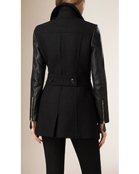 Burberry Brit Wool Cashmere Pea Coat With Lambskin Sleeves