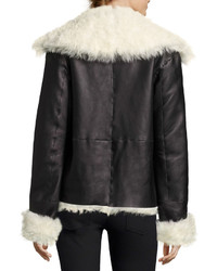 Theory Curly Toscana Shearling Fur Leather Pea Coat Black