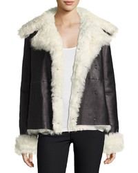 Theory Curly Toscana Shearling Fur Leather Pea Coat Black