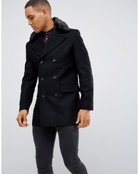 French Connection Double Breasted Wool Rich Pea Coat With Faux Fur Collar