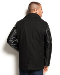 Sean John Faux Leather Sleeve Military Pea Coat
