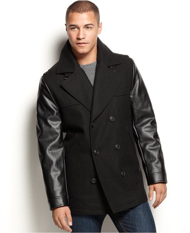 Sean John Faux Leather Sleeve Military Pea Coat | Where to buy ...