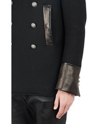 Balmain Leather Trimmed Double Breasted Peacoat Black Size 48 Eu