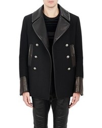 Balmain Leather Trimmed Double Breasted Peacoat Black Size 48 Eu