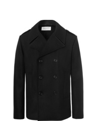 Saint Laurent Leather Trimmed Double Breasted Virgin Wool Peacoat
