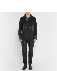 Balmain Leather Trimmed Wool And Cashmere Blend Peacoat