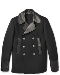 Balmain Leather Trimmed Wool And Cashmere Blend Peacoat