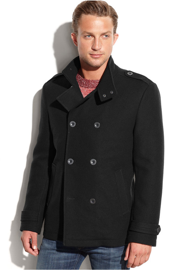 Kenneth Cole Modern Wool Blend Military Pea Coat, $250 | Macy's | Lookastic