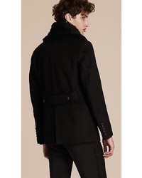 Burberry Technical Cotton Moleskin Pea Coat With Shearling Collar