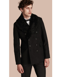 Burberry Technical Cotton Moleskin Pea Coat With Shearling Collar
