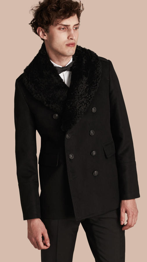 Burberry Technical Cotton Moleskin Pea Coat With Shearling Collar ...