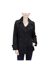 United Face Double Breasted Black Wool Pea Coat