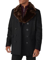 KARL LAGERFELD PARIS Wool Blend Peacoat With Faux Fur Collar