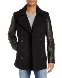 Schott NYC Wool Blend Peacoat With Leather Sleeves