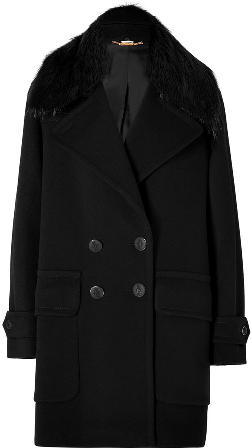 Emilio Pucci Wool Cashmere Pea Coat With Fur Collar In Black, $4,649 ...