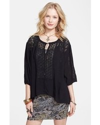 Free People Lace Inset Peasant Blouse Black Large
