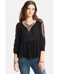 Free People Romance Of The Rose Lace Trim Peasant Top Black X Small