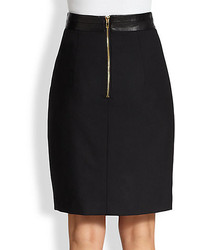 Milly Leather Trimmed Asymmetrical Pencil Skirt