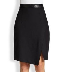 Milly Leather Trimmed Asymmetrical Pencil Skirt