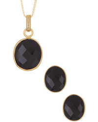 Savvy Cie 18k Gold Vermeil Oval Onyx Pendant Necklace Stud Earrings Set