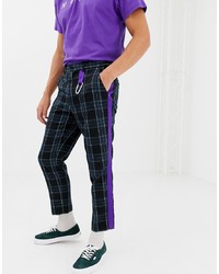 ASOS DESIGN Tapered Smart Trouser In Black Watch With Purple Tape And Carabiner Detail
