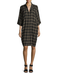 Vince Plaid Easy Pullover Cotton Dress Military