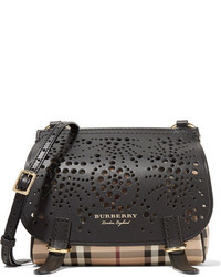 Burberry Checked Textured And Perforated Leather Shoulder Bag Black