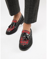 Black Plaid Leather Tassel Loafers