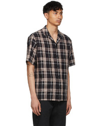 Z Zegna Black Brown Checkered Linen Short Sleeve Shirt