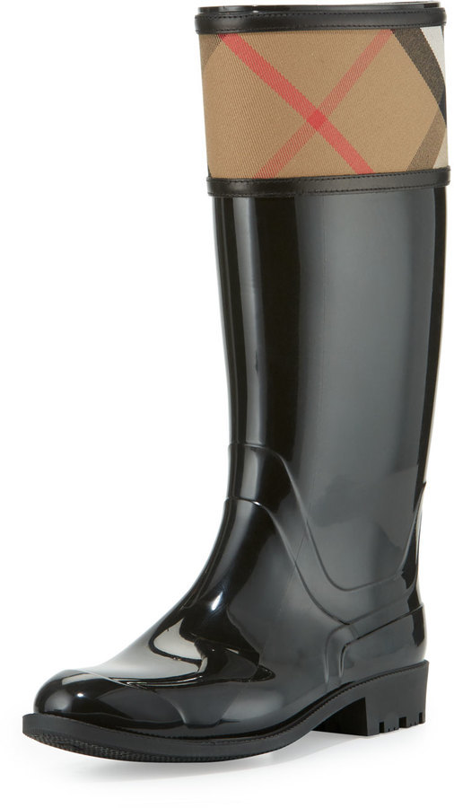 Burberry Crosshill Check Trim Rain Boot Black, $350 | Neiman Marcus |  Lookastic