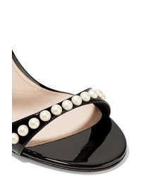 Miu Miu Faux Pearl Embellished Patent Leather And Tartan Tweed Sandals Black