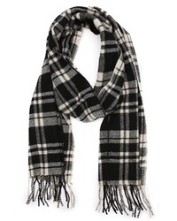 MIR Grey And Black Plaid Wool Blend Square Weave Fringed Scarf