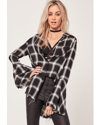 Missguided Checked Flare Sleeve Shirt Grey