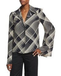 Co Plaid Hammered Silk Bell Sleeve Blouse Blackivory