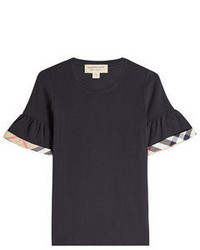 Burberry Cotton T Shirt With Checked Trim