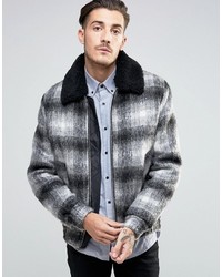 Asos Wool Mix Bomber Jacket In Brushed Check With Fleece Collar