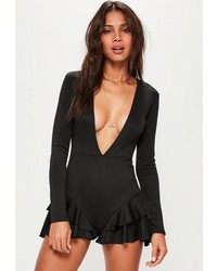Missguided Black Long Sleeve Plunge Frill Short Playsuit