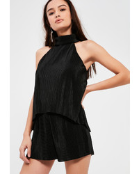Missguided Black Pleated High Neck Double Layer Playsuit