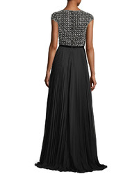 Theia Cap Sleeve Beaded Pleated Bateau Neck Evening Gown