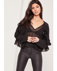 Missguided Pleated Frill V Neck Blouse Black